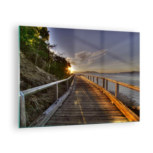 Glastavla - Bild på glas - Trägångbro vid solnedgången - 70x50cm - Gå, fortsätt gå mot solen - Modern väggdekoration för vardagsrum och sovrum ARTTOR
