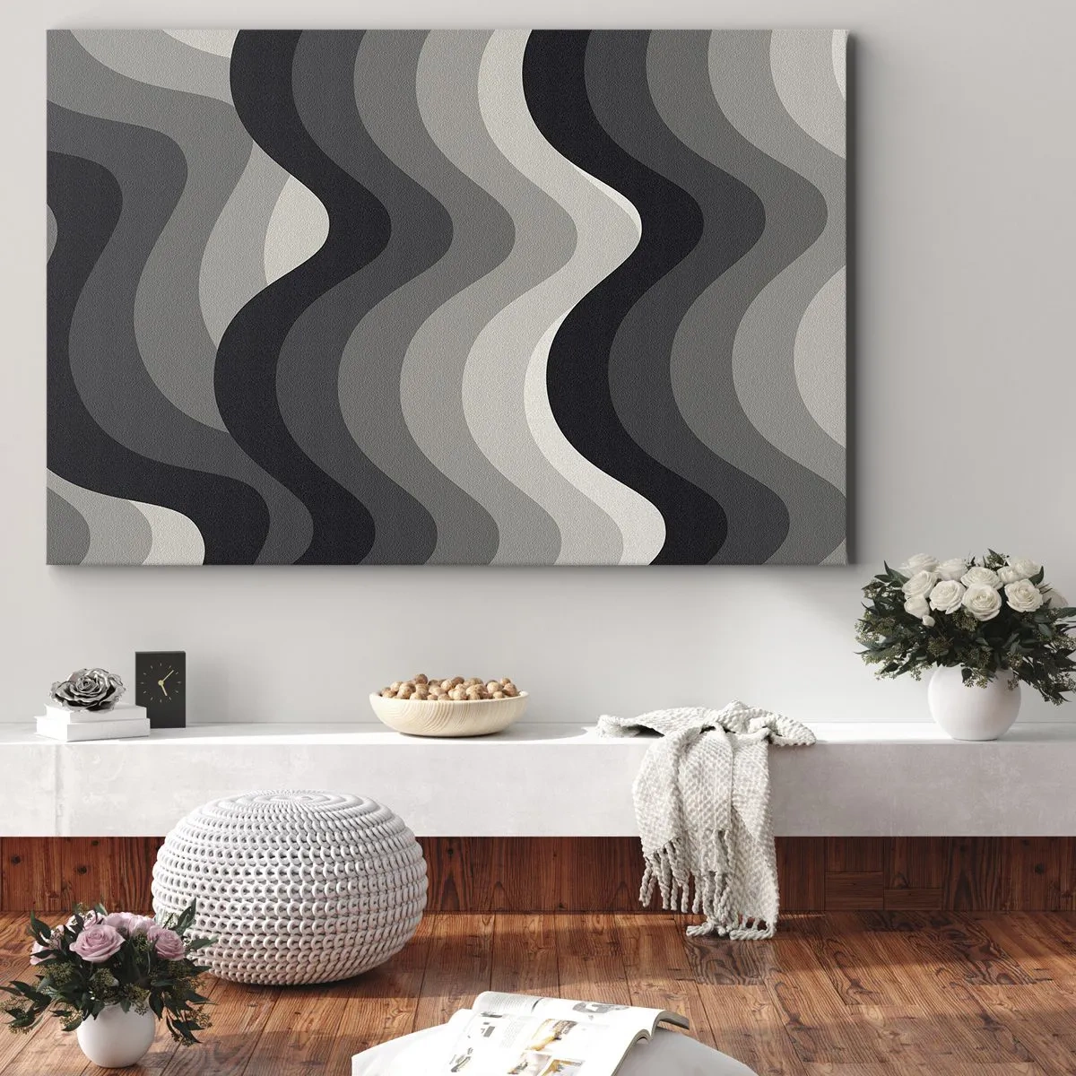 Canvastavla - Bild på duk - Svartvita vågiga mönster i grå nyanser - 70x50cm - Våg efter våg - Modern väggdekoration för vardagsrum och sovrum ARTTOR