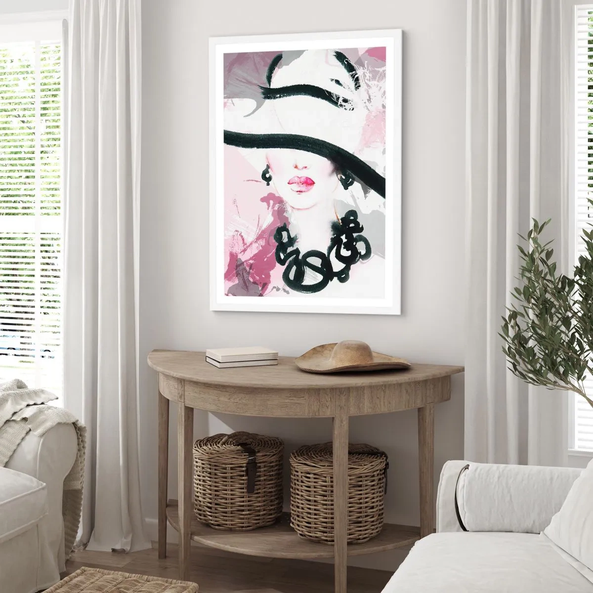 Affisch i vit ram - En damportätt i svart och rosa - 70x100 cm