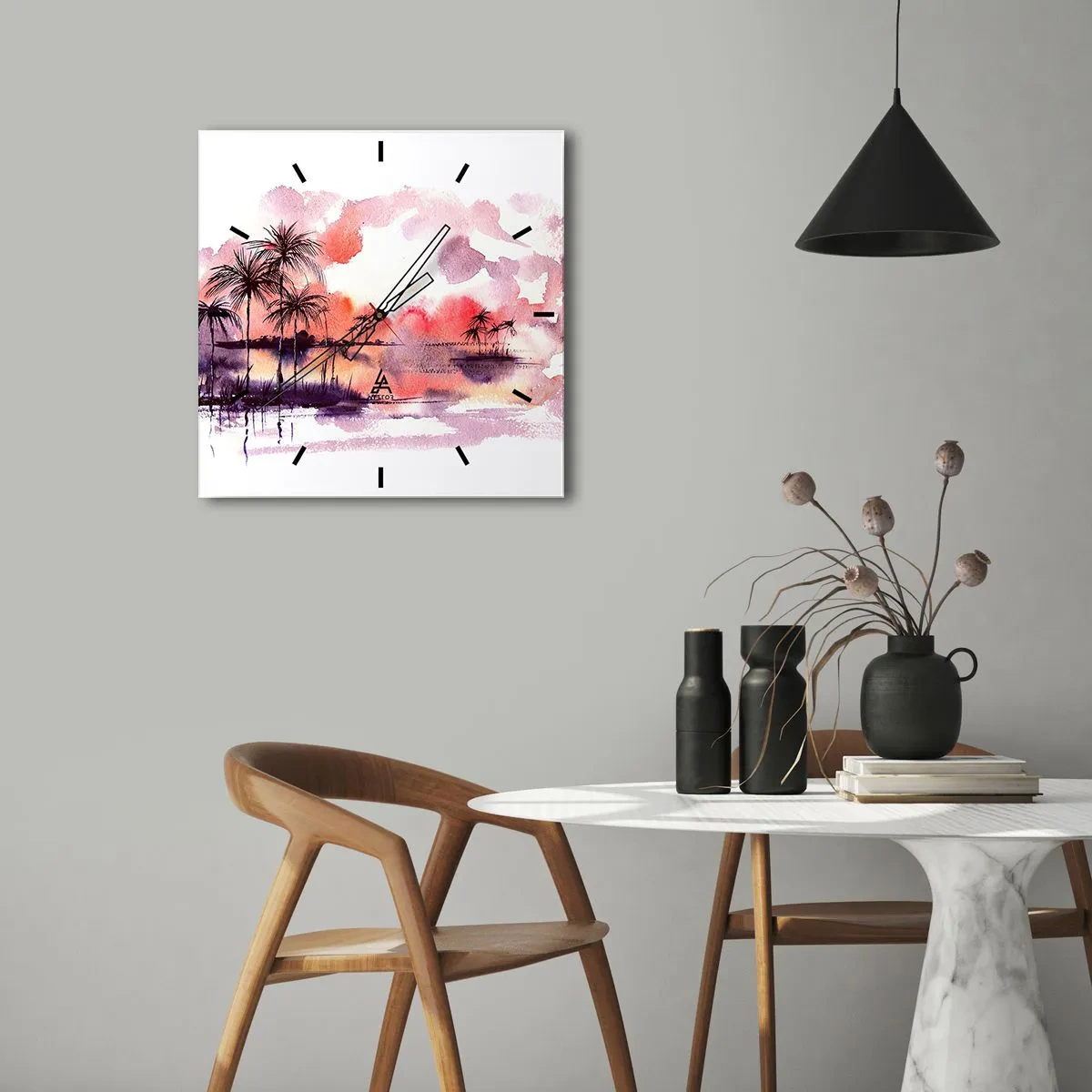 Väggklocka - Klocka på glas - Tropikens ro i rött - 40x40 cm