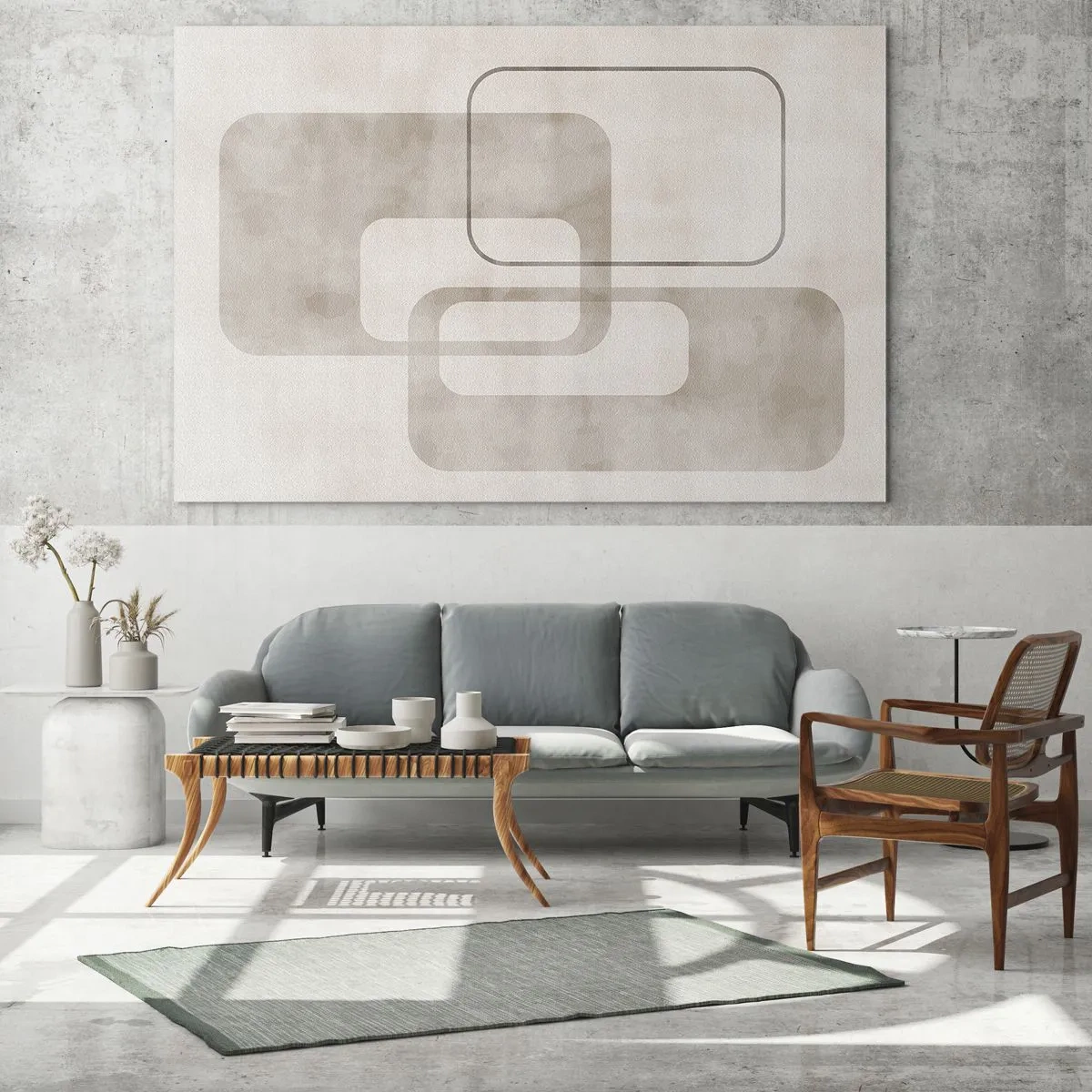Glastavla - Bild på glas - Minimalistiska beige rektanglar på en ljus bakgrund - 70x50cm - Geometrisk fug - Modern väggdekoration för vardagsrum och sovrum ARTTOR