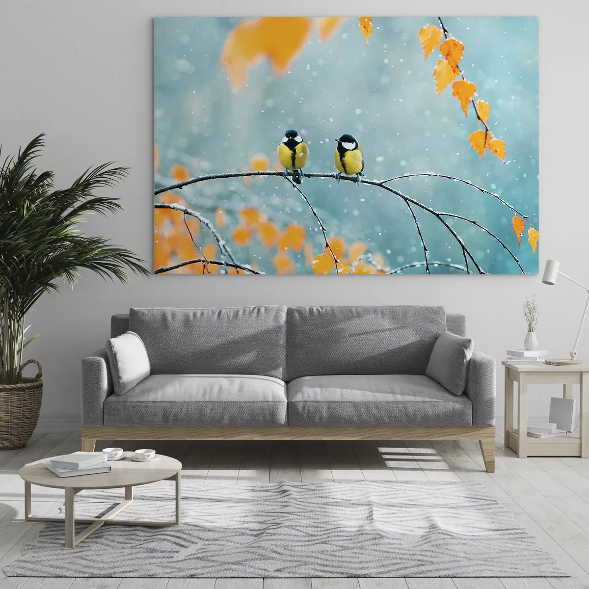 Glastavla - Bild på glas - Två mesar som sitter på en kvist bland fallande löv - 70x50cm - Fåglarnas skvaller - Modern väggdekoration för vardagsrum och sovrum ARTTOR