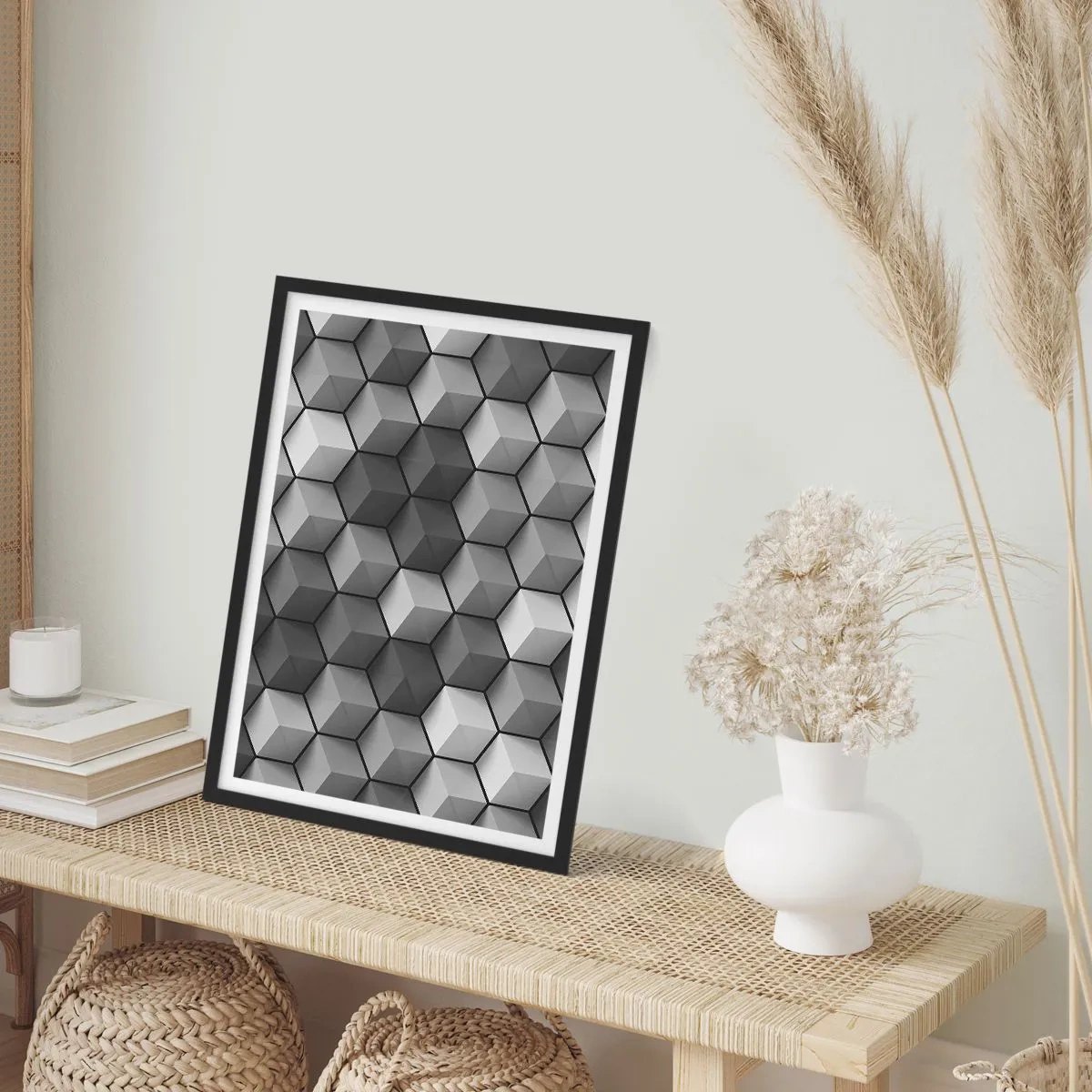 Affisch i svart ram - Svartvit komposition av 3D geometriska kuber - 50x70cm - Kubistiskt pussel - Modern väggdekoration för vardagsrum och sovrum ARTTOR