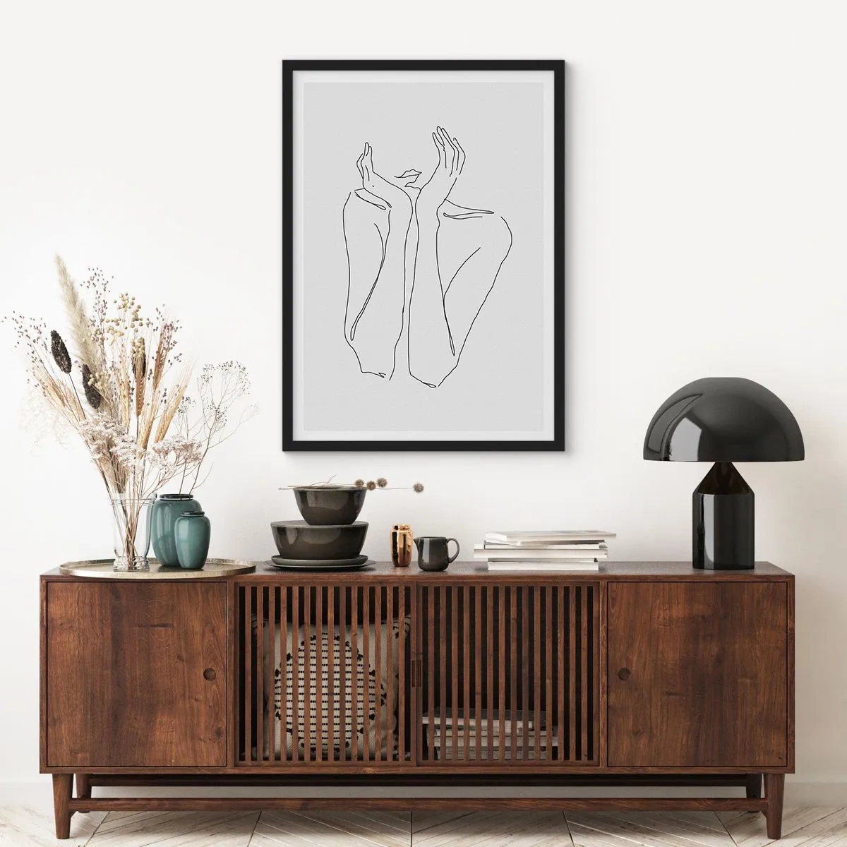 Affisch i svart ram - Minimalistisk linjeteckning av händer - 50x70cm - Vad flickorna drömmer om - Modern väggdekoration för vardagsrum och sovrum ARTTOR