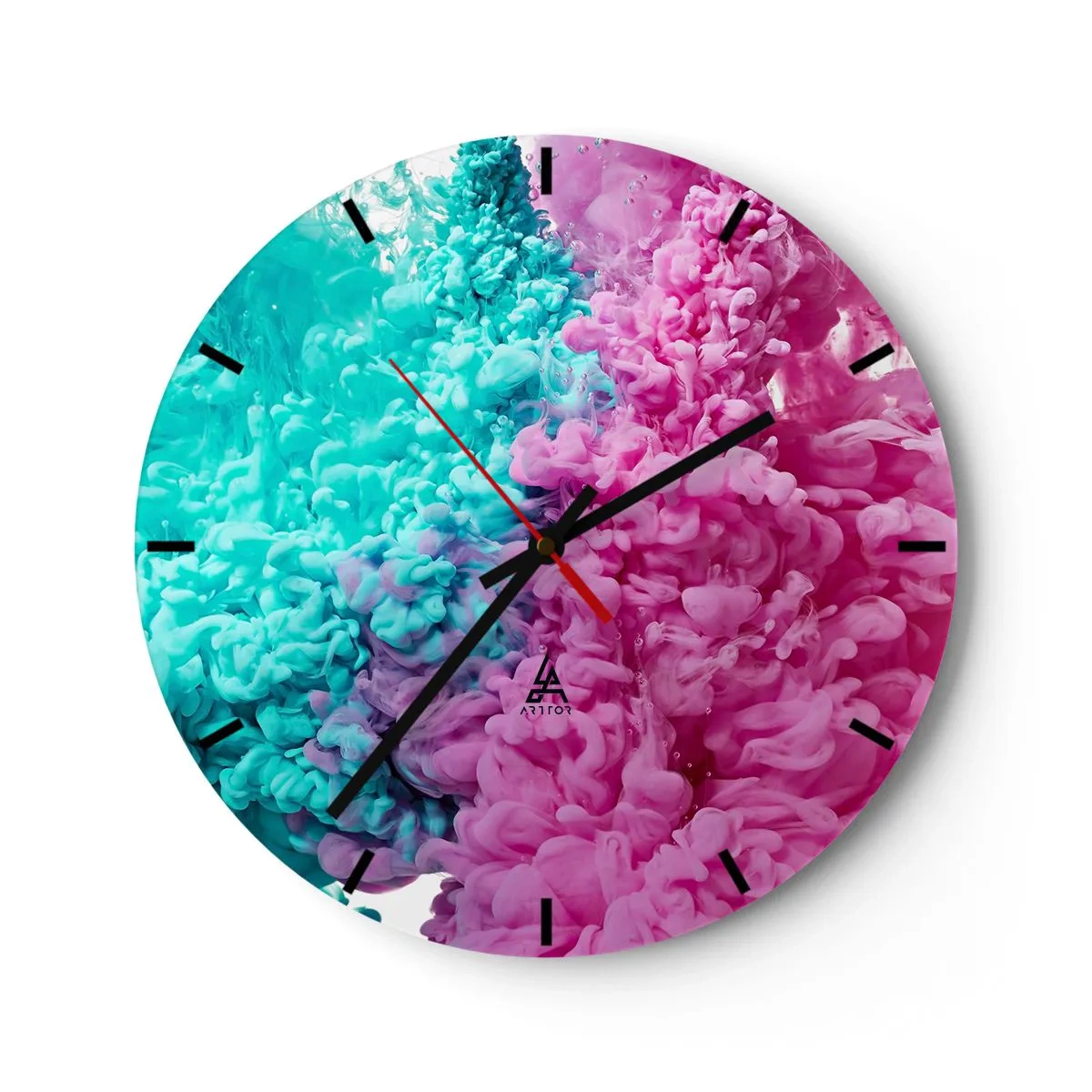 Väggklocka - Klocka på glas - Abstrakt kombination av rosa och turkosa färger - 30x30cm - Avgörande möte - Modern väggdekoration för vardagsrum, kök och sovrum ARTTOR
