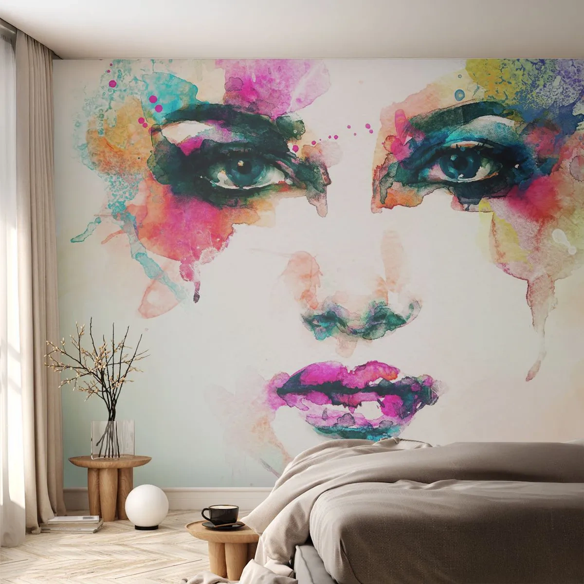 Fototapet Premium Canvas - Porträtt målad med regnbågen - Abstraktion, Kvinnans ansikte, Bit - 500x350 cm