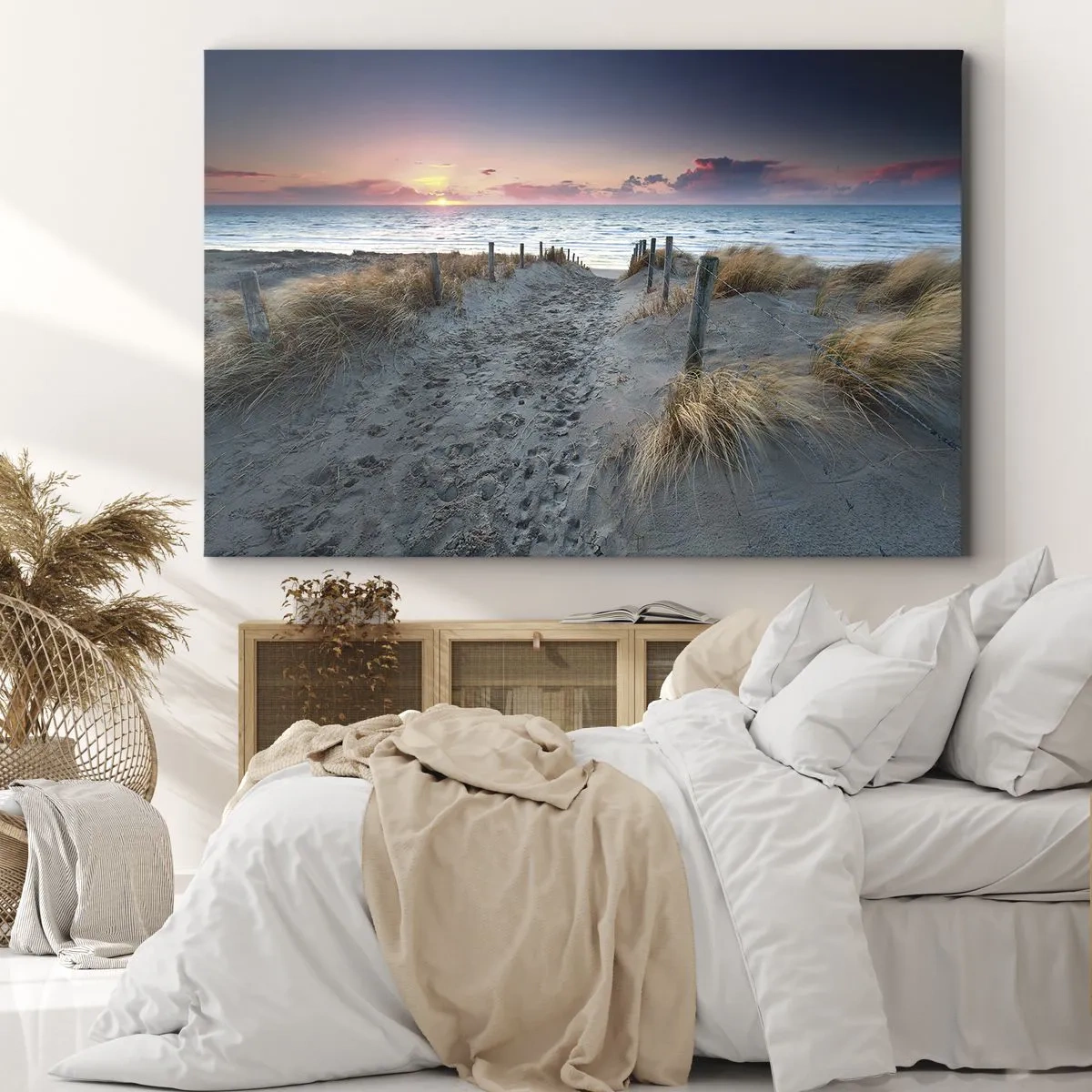 Canvastavla - Bild på duk - Stigen som leder till stranden vid solnedgången - 70x50cm - Utspilld skenregnbåge... - Modern väggdekoration för vardagsrum och sovrum ARTTOR
