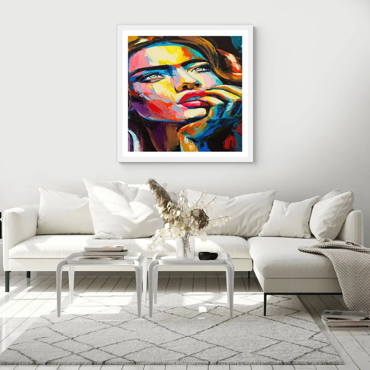 Affisch i vit ram - Drömmar seglar i himlen som fåglar - 60x60 cm