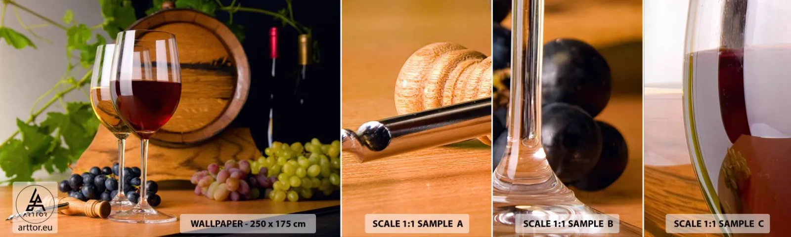 Fototapet Prov Standard Eco - Som hos gamla mästare - Vinfat, Druva, Ett glas vin - 100x30 cm