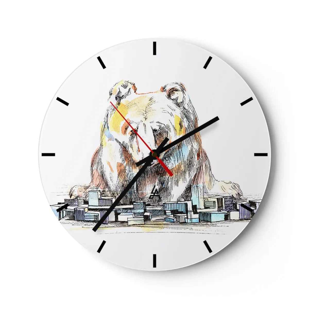 Väggklocka - Klocka på glas - Ritning av en björn över ett urbant landskap - 30x30cm - Hur kan man leva på det viset? - Modern väggdekoration för vardagsrum, kök och sovrum ARTTOR
