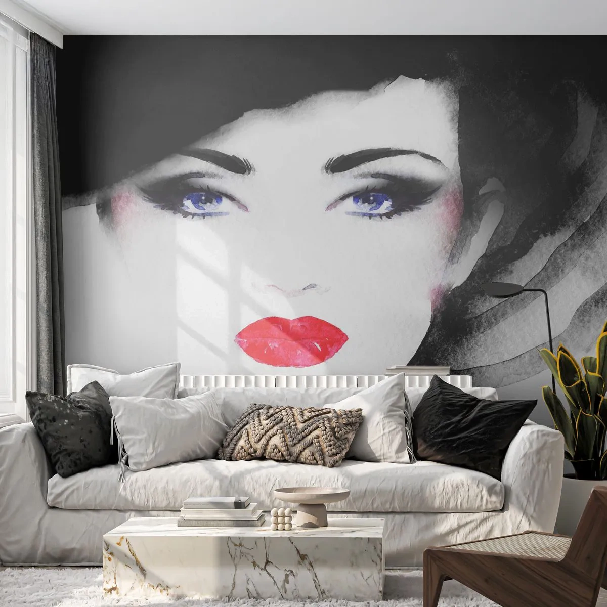 Självhäftande Fototapet Deluxe Sticker - Avvisar och kallar - Kvinnans ansikte, röda läppar, Blåa ögon - 250x175 cm