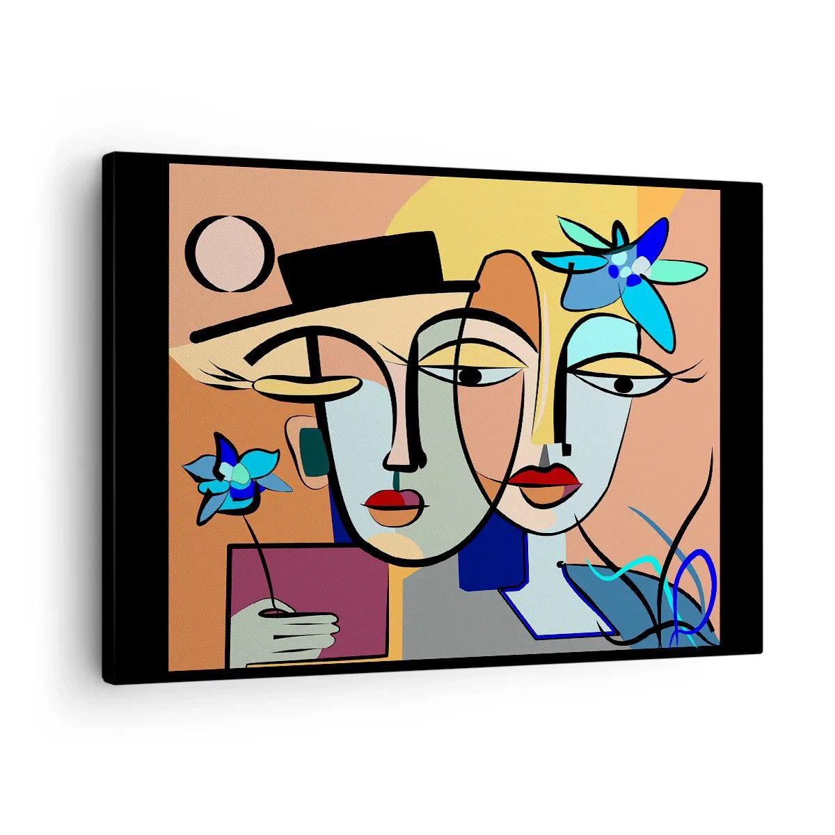 Canvastavla - Bild på duk - Kubistiska porträtt i livfulla färger med blommotiv - 70x50cm - Picassos randez vous - Modern väggdekoration för vardagsrum och sovrum ARTTOR