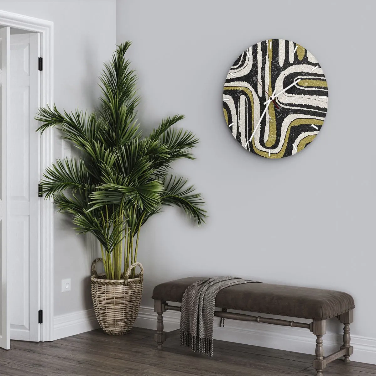 Väggklocka - Klocka på glas - Komposition: stråk och gränder - 30x30 cm