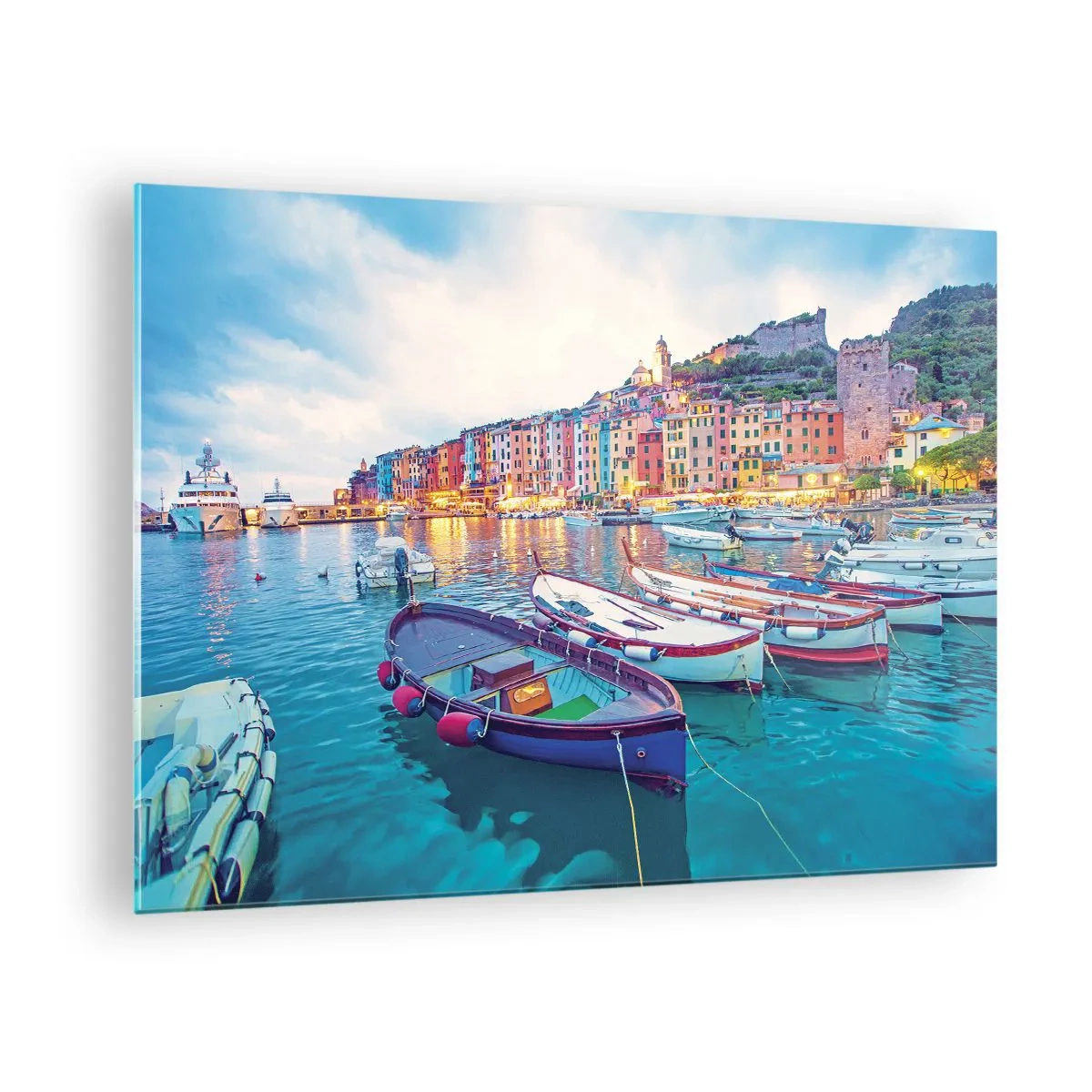 Glastavla - Bild på glas - Kvällsvy över Cinque Terre med dess färgglada byggnader - 70x50cm - Färgglad kväll i hamnen - Modern väggdekoration för vardagsrum och sovrum ARTTOR