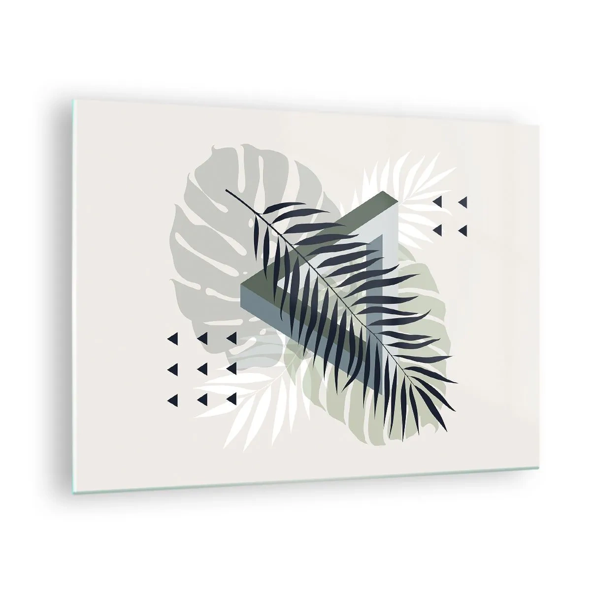 Glastavla - Bild på glas - En modern geometrisk lövkomposition - 70x50cm - Natur och geometri – två ordningar? - Modern väggdekoration för vardagsrum och sovrum ARTTOR