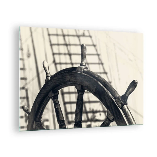 Glastavla - Bild på glas - Svartvitt nautisk fartygsratt - 70x50cm - Marina berättelser - Modern väggdekoration för vardagsrum och sovrum ARTTOR