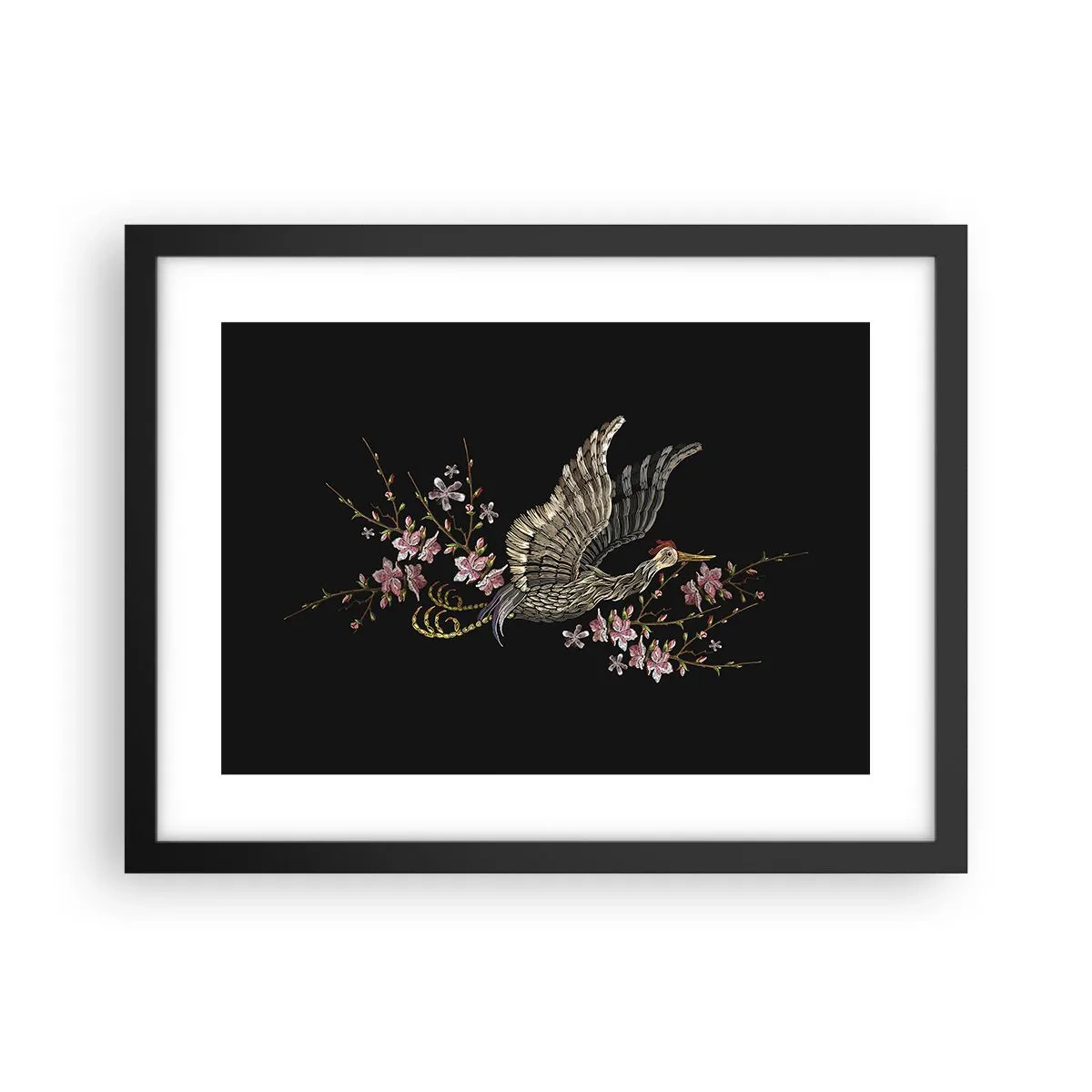 Affisch i svart ram - Exotisk, broderad fågel - 40x30 cm