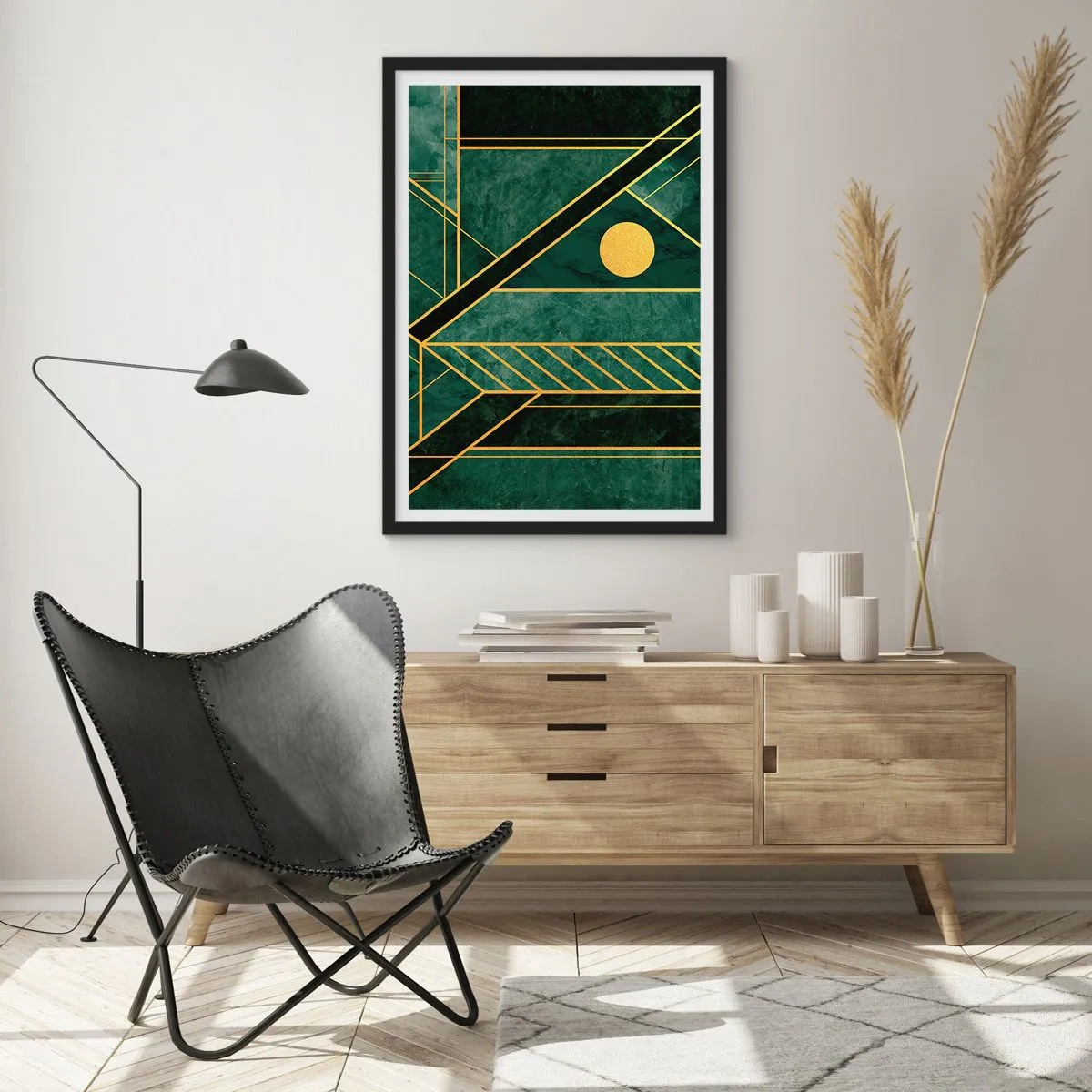 Affisch i svart ram - Dynamik av guld och azurblå - 50x70 cm