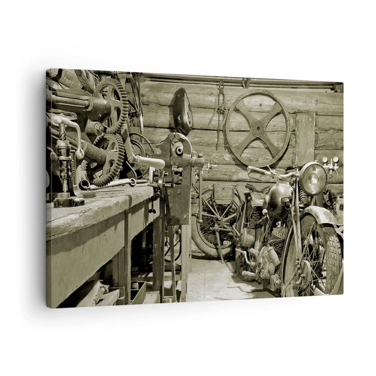 Canvastavla - Bild på duk - Retroverkstad med motorcyklar och verktyg - 70x50cm - I onkel Lasses skjul - Modern väggdekoration för vardagsrum och sovrum ARTTOR