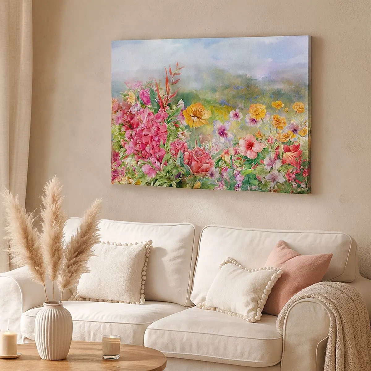 Canvastavla - Bild på duk - En färgglad blomkomposition mot en pastellfärgad landskapsbakgrund - 70x50cm - En trädgård som blivit galen - Modern väggdekoration för vardagsrum och sovrum ARTTOR