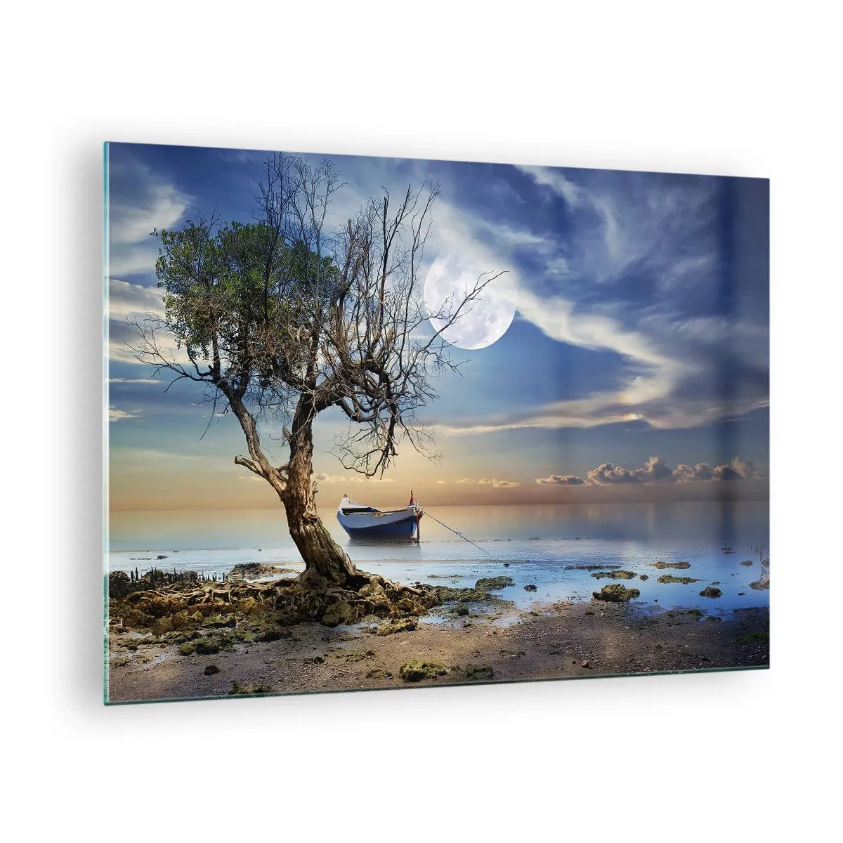 Glastavla - Bild på glas - En ensam båt vid ett träd mot månens bakgrund - 70x50cm - Är det slut eller början? - Modern väggdekoration för vardagsrum och sovrum ARTTOR