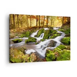 Canvastavla - Bild på duk - Ett skogslandskap med ett vattenfall omgivet av mossa - 70x50cm - Kvickt genom höstskogen - Modern väggdekoration för vardagsrum och sovrum ARTTOR