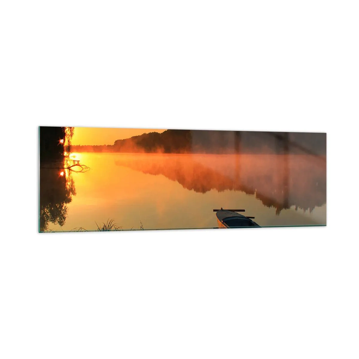 Glastavla - Bild på glas - Soluppgång vid spegelklart vatten - 160x50 cm