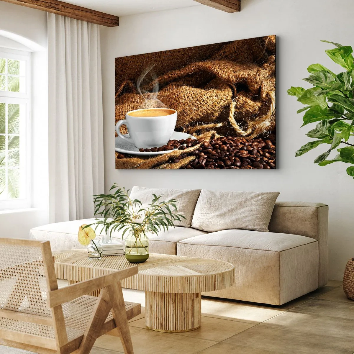 Canvastavla - Bild på duk - En kopp kaffe omgiven av en påse kaffebönor - 70x50cm - Mokkadoft och honungtjock dryck - Modern väggdekoration för vardagsrum och sovrum ARTTOR