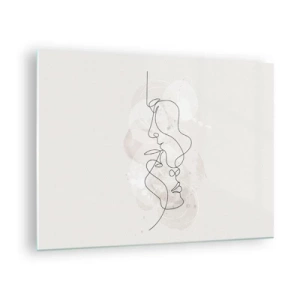 Glastavla - Bild på glas - En minimalistisk teckning av ansikten på två personer i en subtil, sensuell omfamning. - 70x50cm - Tilltrasslade i famn - Modern väggdekoration för vardagsrum och sovrum ARTTOR