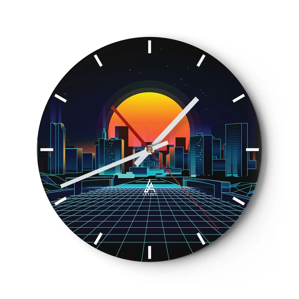 Väggklocka - Klocka på glas - Retro-futuristisk stadsbild med neonljus och solnedgång - 30x30cm - Vill du fortfarande till verkligheten? - Modern väggdekoration för vardagsrum, kök och sovrum ARTTOR