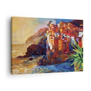 Canvastavla - Bild på duk - Färgglada hus på en klippa ovanför havet - 70x50cm - Italiensk stämning - Modern väggdekoration för vardagsrum och sovrum ARTTOR