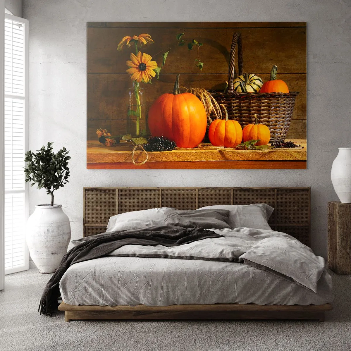 Glastavla - Bild på glas - Höststilleben med pumpor och blommor - 70x50cm - Rustik komposition - höstens gåvor - Modern väggdekoration för vardagsrum och sovrum ARTTOR