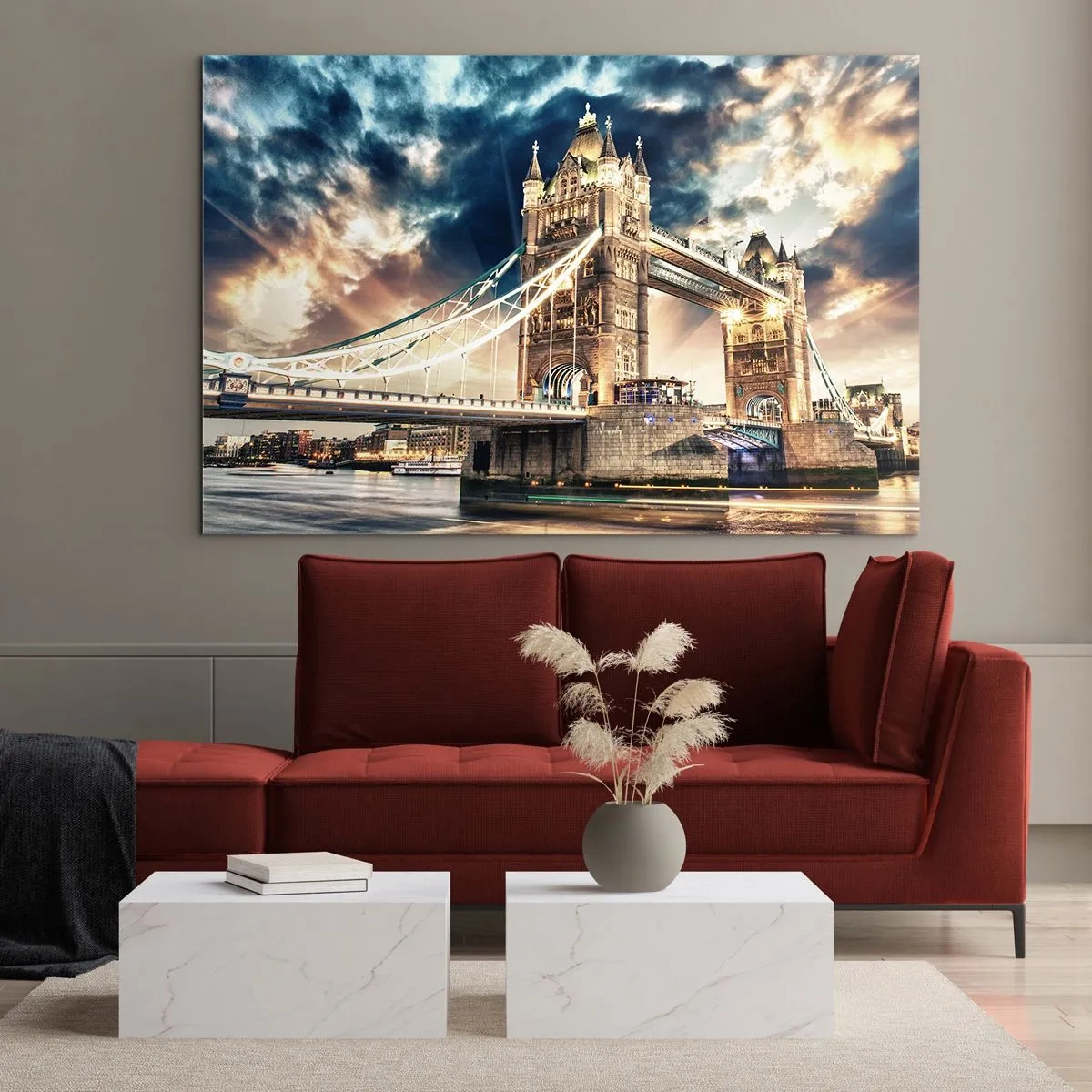 Glastavla - Bild på glas - Tower Bridge i London mot en dramatisk himmel - 70x50cm - Monument över viktorianska imperiet - Modern väggdekoration för vardagsrum och sovrum ARTTOR