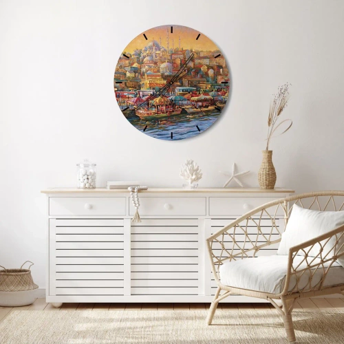 Väggklocka - Klocka på glas - Ett färgglatt panorama över hamnen med orientalisk arkitektur - 30x30cm - Istanbul-berättelse - Modern väggdekoration för vardagsrum, kök och sovrum ARTTOR