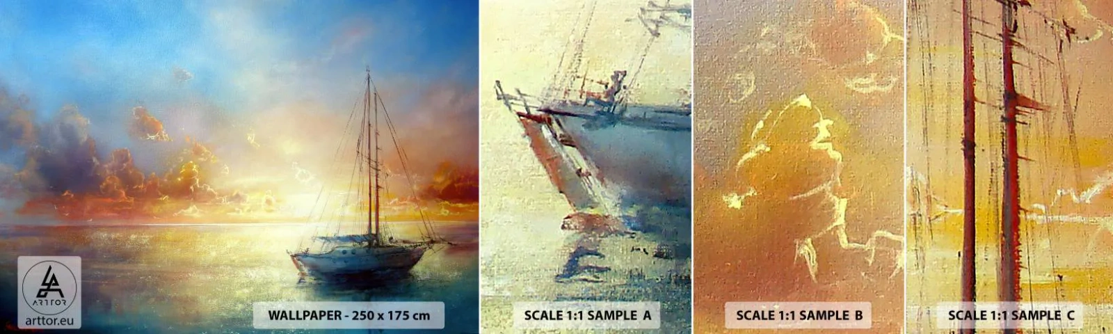 Provbit av självhäftande fototapet Deluxe Sticker - I guldviken - Segelbåt, Landskap, Hav - 100x30 cm