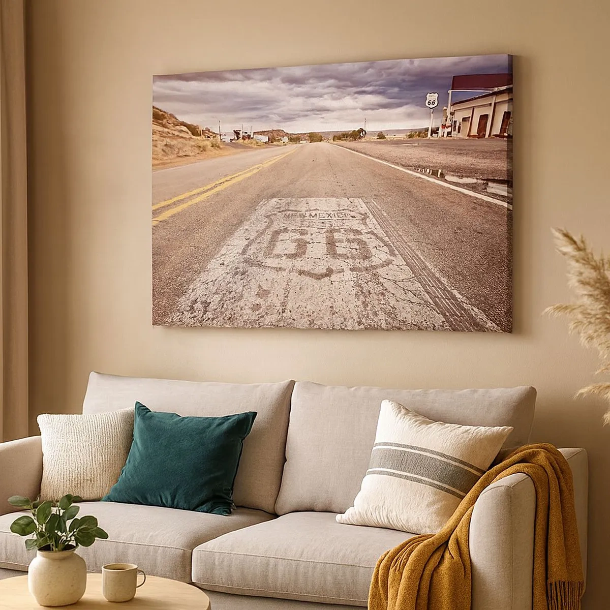 Canvastavla - Bild på duk - Route 66 i ett ökenklimat med en pittoresk himmel - 70x50cm - Mother Road - amerikanska legenden - Modern väggdekoration för vardagsrum och sovrum ARTTOR