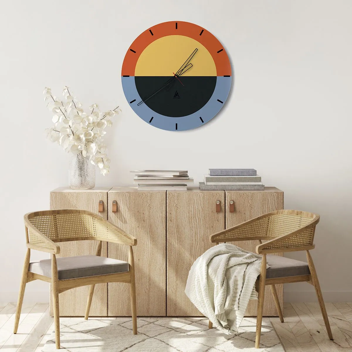 Väggklocka - Klocka på glas - Färgabstraktion med färgkontrast - 30x30cm - Komposition av värme och kyla - Modern väggdekoration för vardagsrum, kök och sovrum ARTTOR