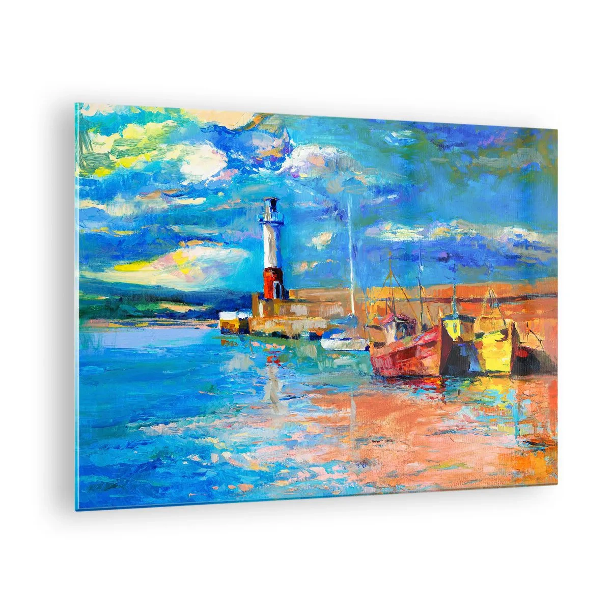 Glastavla - Bild på glas - Rainbow Bay med en fyr och färgglada båtar i hamnen - 70x50cm - Eftermiddag i regnbågsviken - Modern väggdekoration för vardagsrum och sovrum ARTTOR