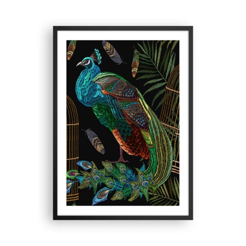 Affisch i svart ram - En färgglad påfågel mot en bakgrund av gyllene burar och gröna blad. - 50x70cm - I kungliga kläder - Modern väggdekoration för vardagsrum och sovrum ARTTOR
