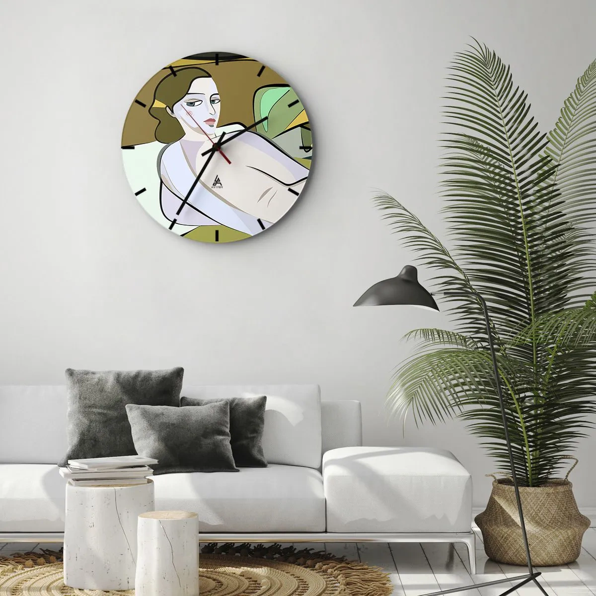 Väggklocka - Klocka på glas - En kvinnofigur i kubistisk stil mot en abstrakt bakgrund - 30x30cm - Intim porträtt - Modern väggdekoration för vardagsrum, kök och sovrum ARTTOR