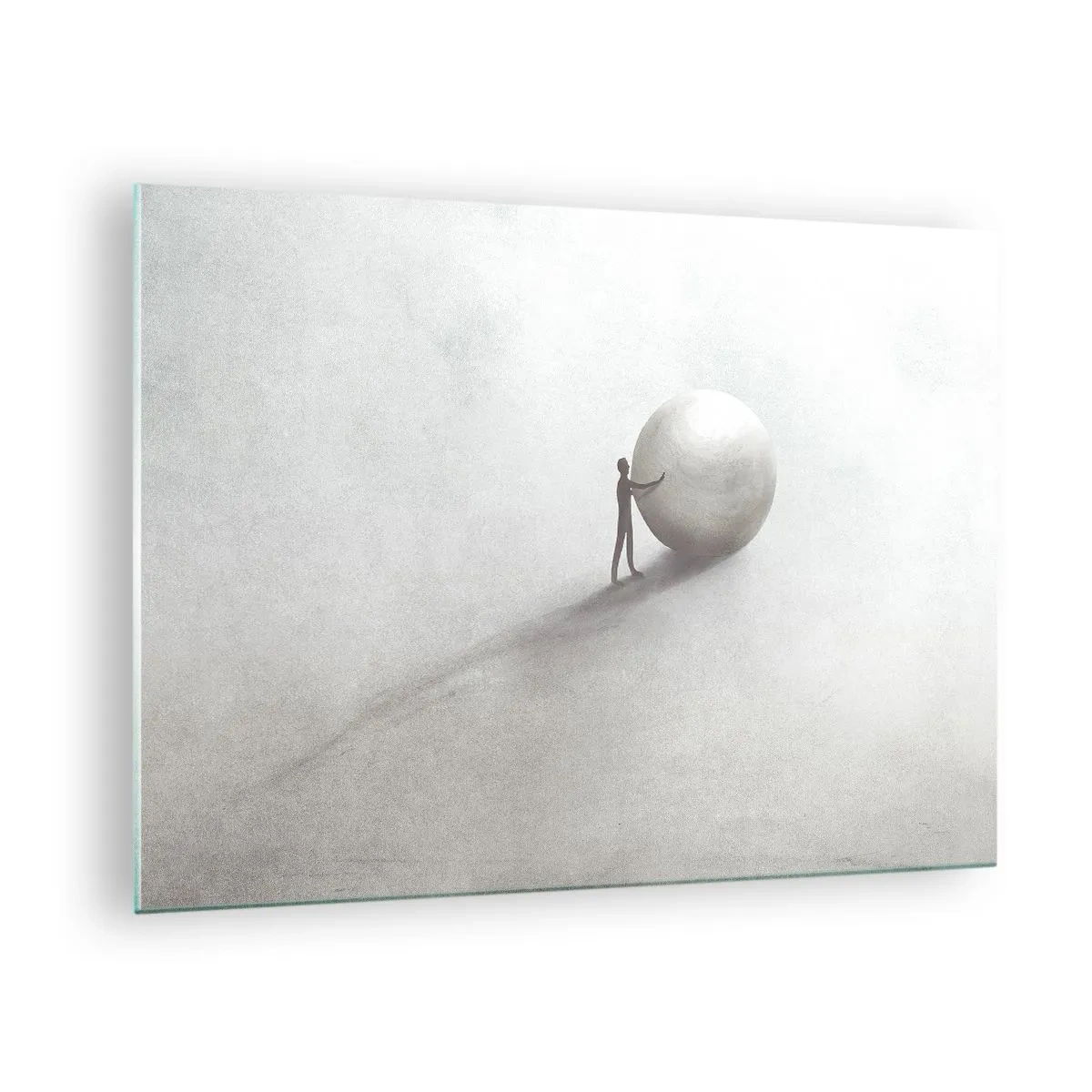 Glastavla - Bild på glas - En minimalistisk silhuett av en man med en stor boll mot en ljus bakgrund. - 70x50cm - Livets spel - Modern väggdekoration för vardagsrum och sovrum ARTTOR