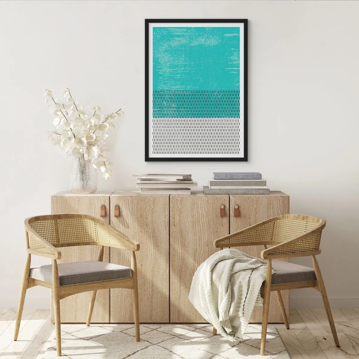 Affisch i svart ram - Geometriskt mönster med turkosa och vita inslag i minimalistisk stil - 50x70cm - Balanserad komposition - Modern väggdekoration för vardagsrum och sovrum ARTTOR