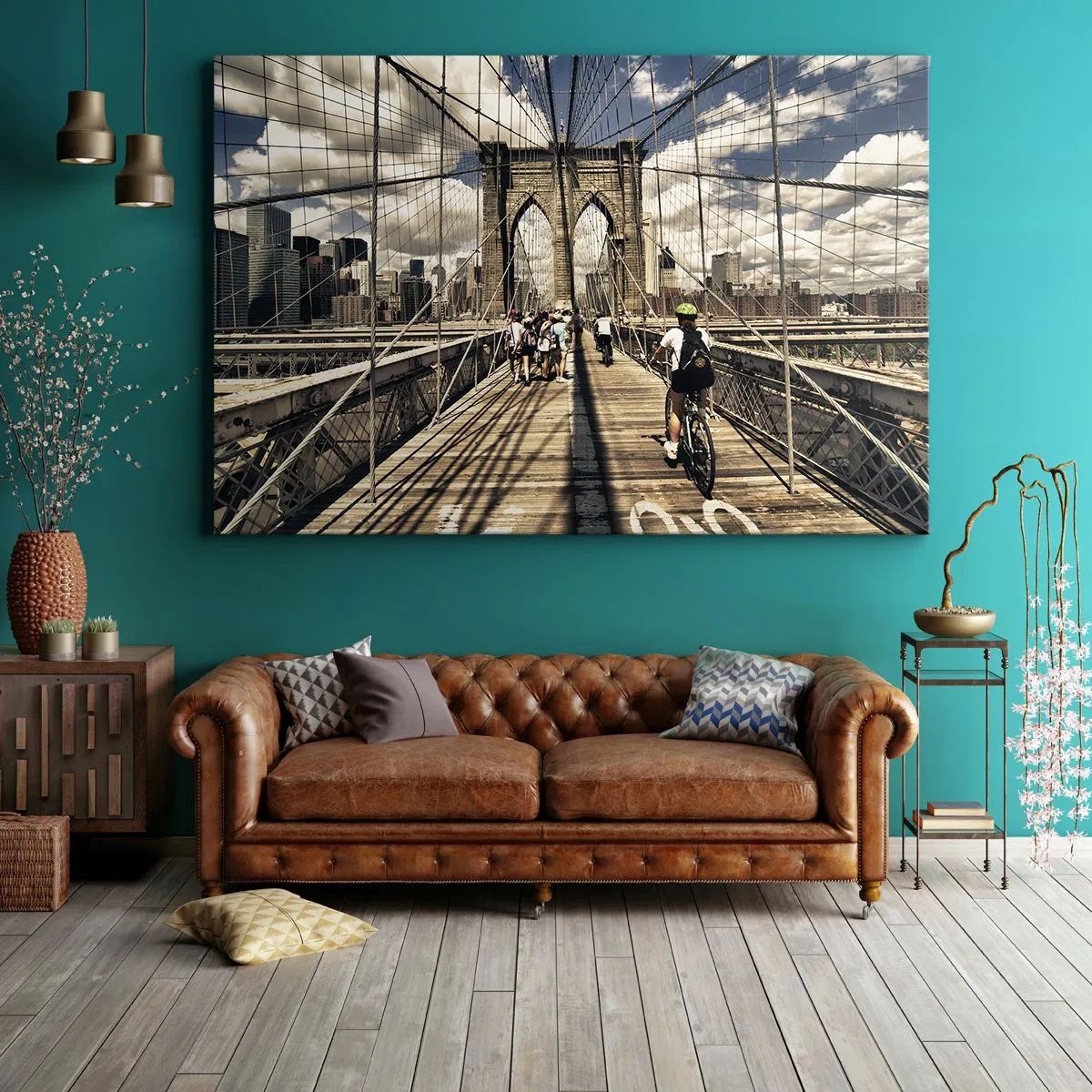 Canvastavla - Bild på duk - Brooklynbron med utsikt över fotgängare och cyklister - 70x50cm - Direkt till stadens kärna - Modern väggdekoration för vardagsrum och sovrum ARTTOR