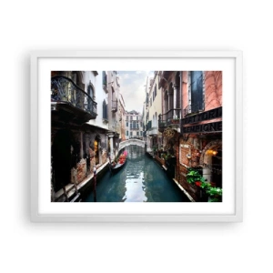 Affisch i vit ram - Venedig-landskap med gondol och bro - 50x40 cm