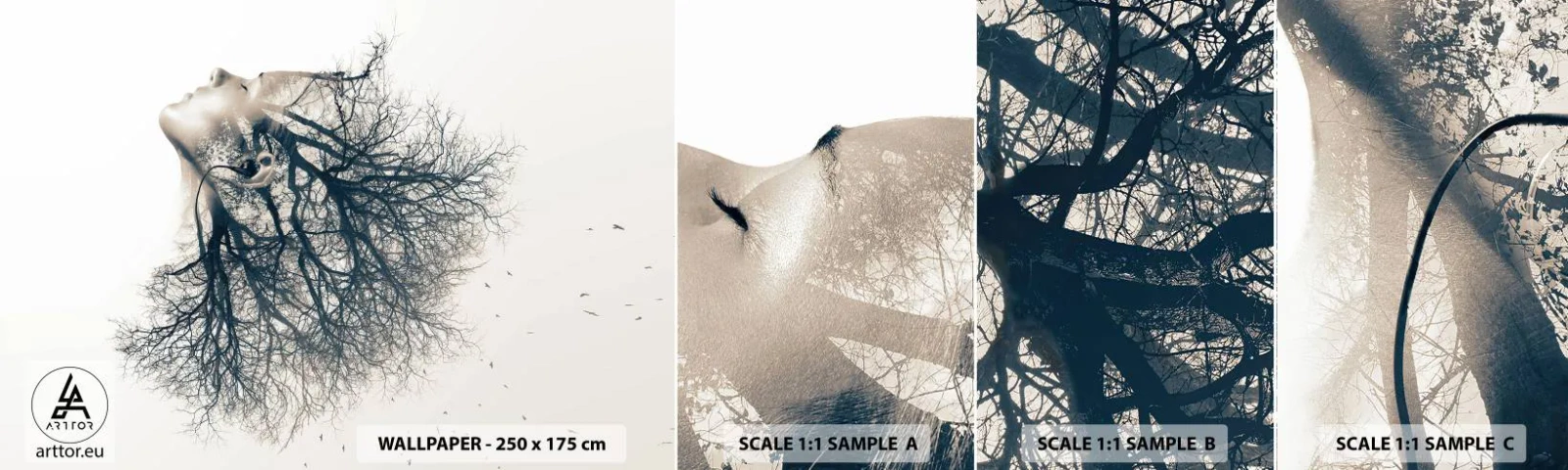 Provbit av självhäftande fototapet Deluxe Sticker - Lyssnar på trädens viskningar - Abstraktion, Kvinnans ansikte, Träd - 100x30 cm