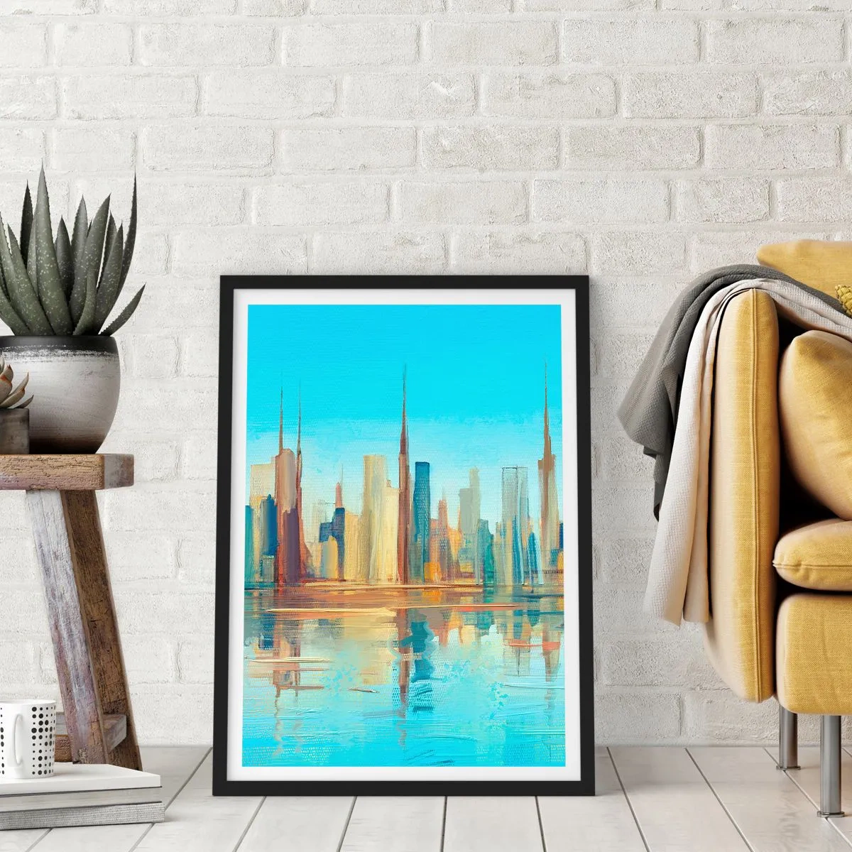 Affisch i svart ram - Färgglatt stadspanorama med reflektion i vattnet - 50x70cm - Solig metropol - Modern väggdekoration för vardagsrum och sovrum ARTTOR