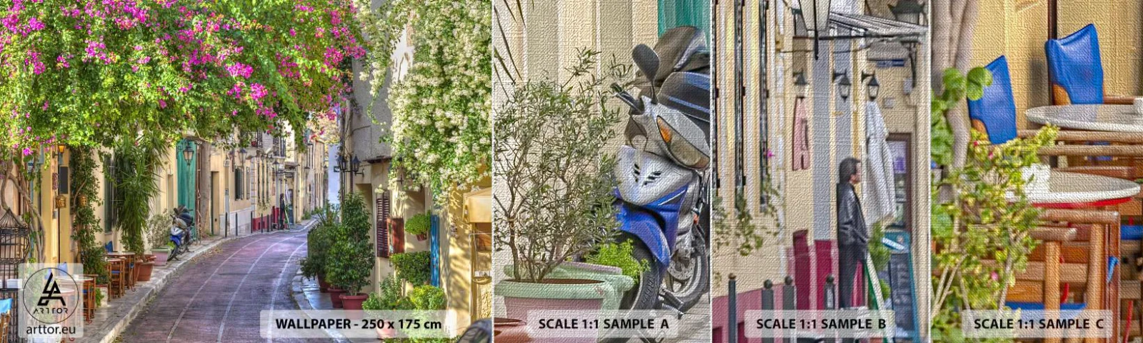 Provbit av fototapet Premium Canvas - Blommande gata - Arkitektur, Grekland, Stad - 100x30 cm