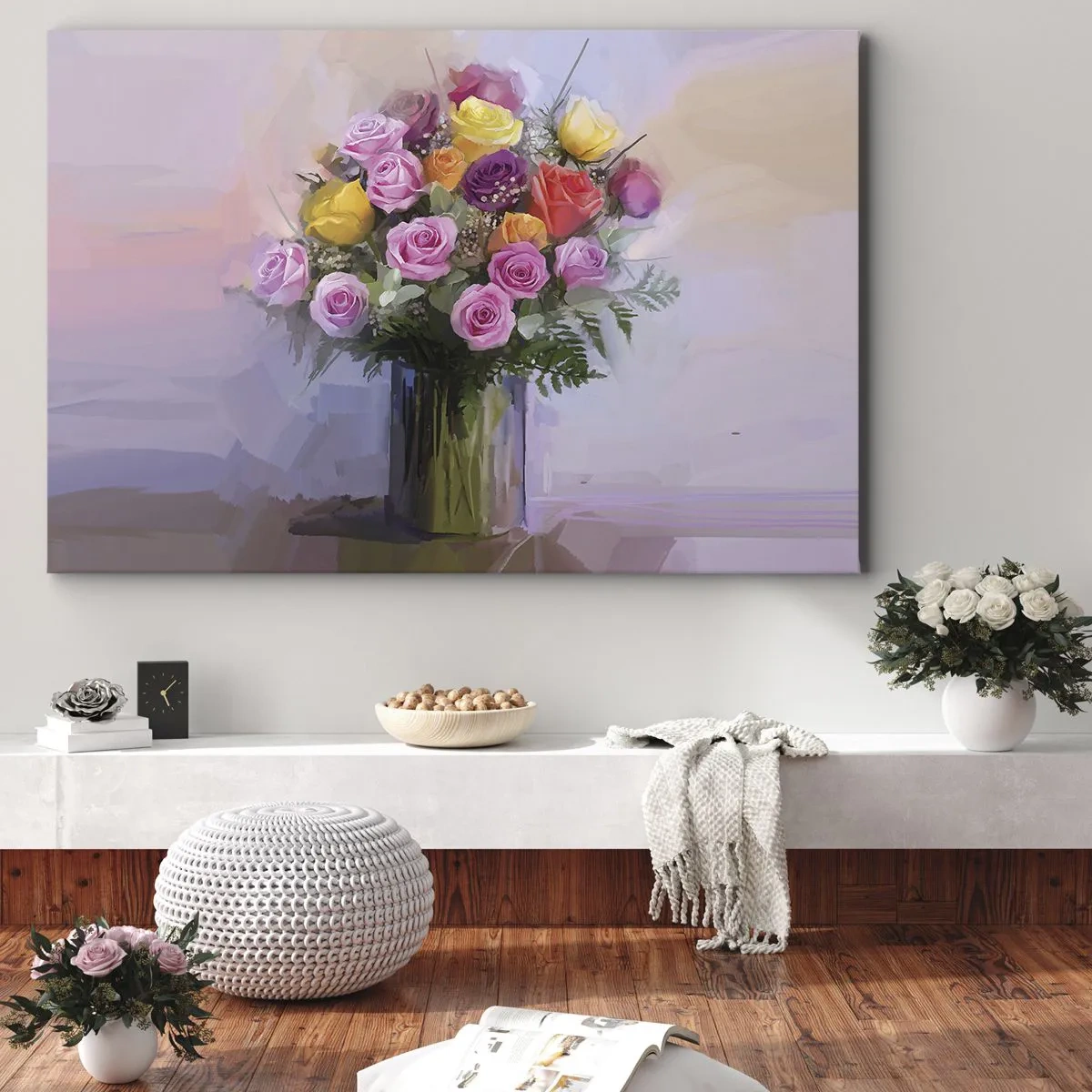 Canvastavla - Bild på duk - En bukett färgglada rosor i en glasvas - 70x50cm - Stoppad skönhet - Modern väggdekoration för vardagsrum och sovrum ARTTOR
