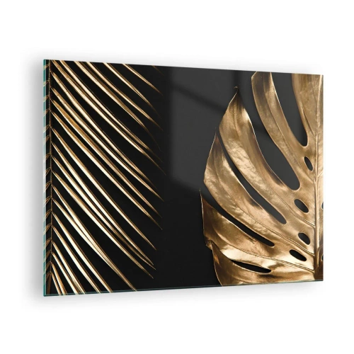 Glastavla - Bild på glas - Gyllene palmblad och monsteras på svart bakgrund - 70x50cm - Olika men lika dyra - Modern väggdekoration för vardagsrum och sovrum ARTTOR