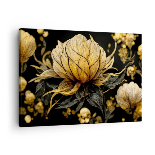 Canvastavla - Bild på duk - Gyllene blomma på en mörk bakgrund - 70x50cm - Subtil skörhet - Modern väggdekoration för vardagsrum och sovrum ARTTOR